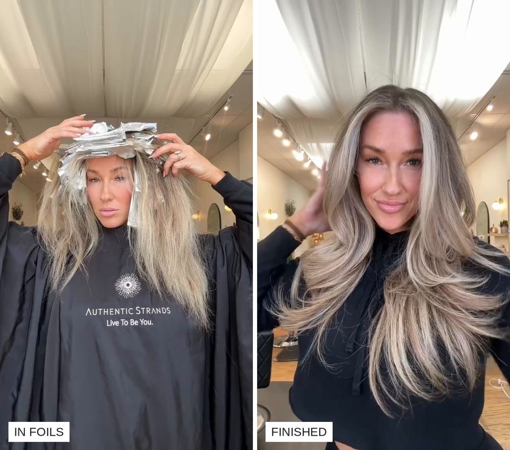 Before and after: a client with lightener in foils on the left, and the finished long blonde hair with a deeper, blended root on the right