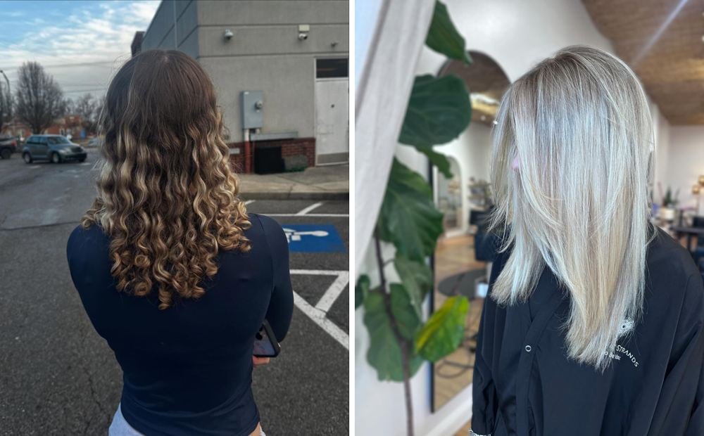 Before and after a color service at Authentic Strands.