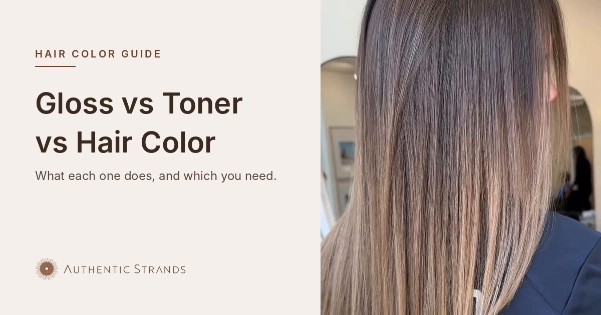 Gloss vs toner vs hair color guide, with smooth brunette hair with soft highlights