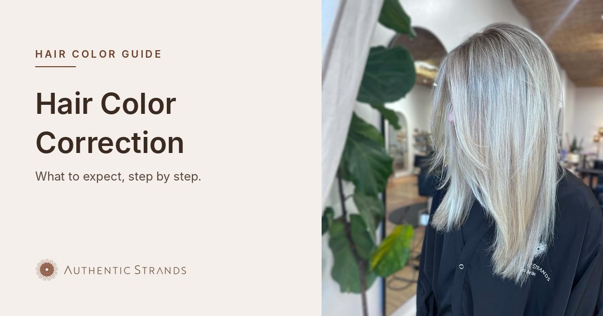Hair color correction guide, with finished icy blonde hair in the Authentic Strands studio
