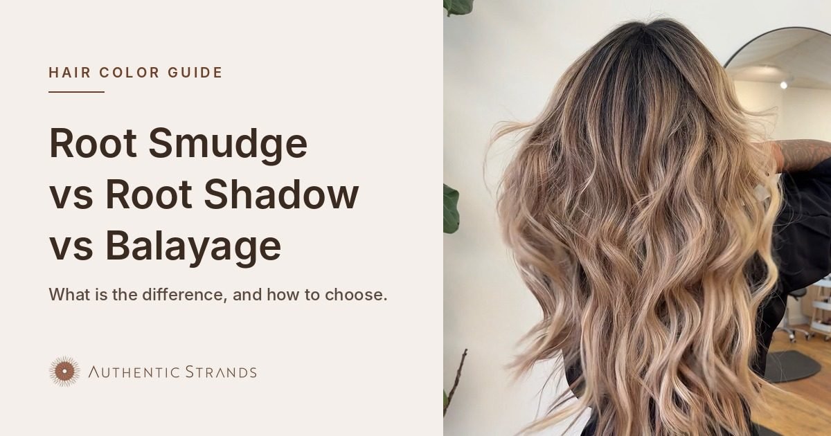 Back view of long, wavy blonde hair with a deeper root that blends into lighter color, beside the title Root Smudge vs Root Shadow vs Balayage